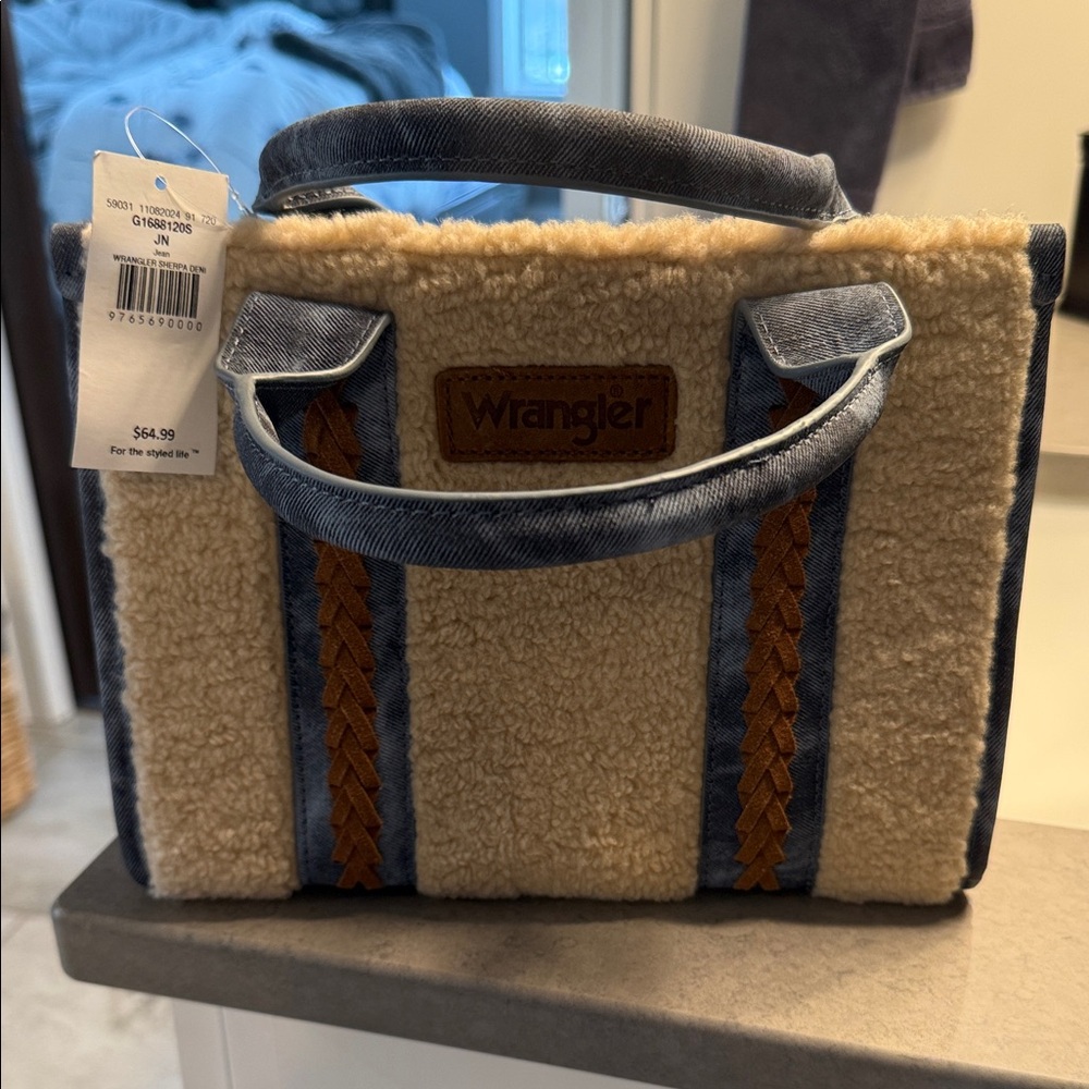 Wrangler Beige Sherpa Satchel with Denim Handles and Brown Braid